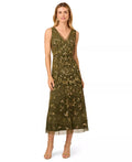 V-Neck Tea-Length Mesh Cocktail A-Line Dress Beaded Embroidery Adrianna Papell AP1E209645