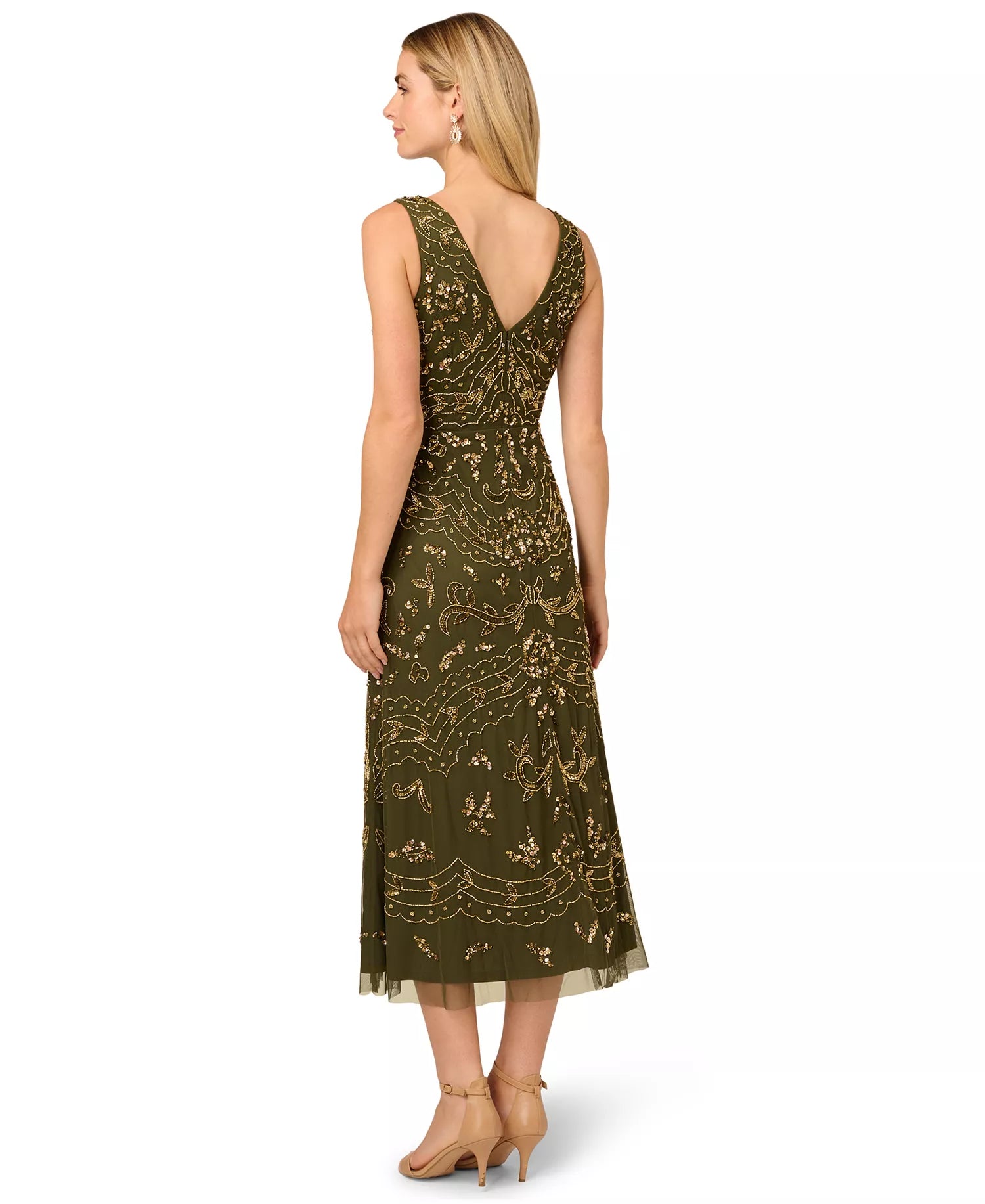 V-Neck Tea-Length Mesh Cocktail A-Line Dress Beaded Embroidery Adrianna Papell AP1E209645