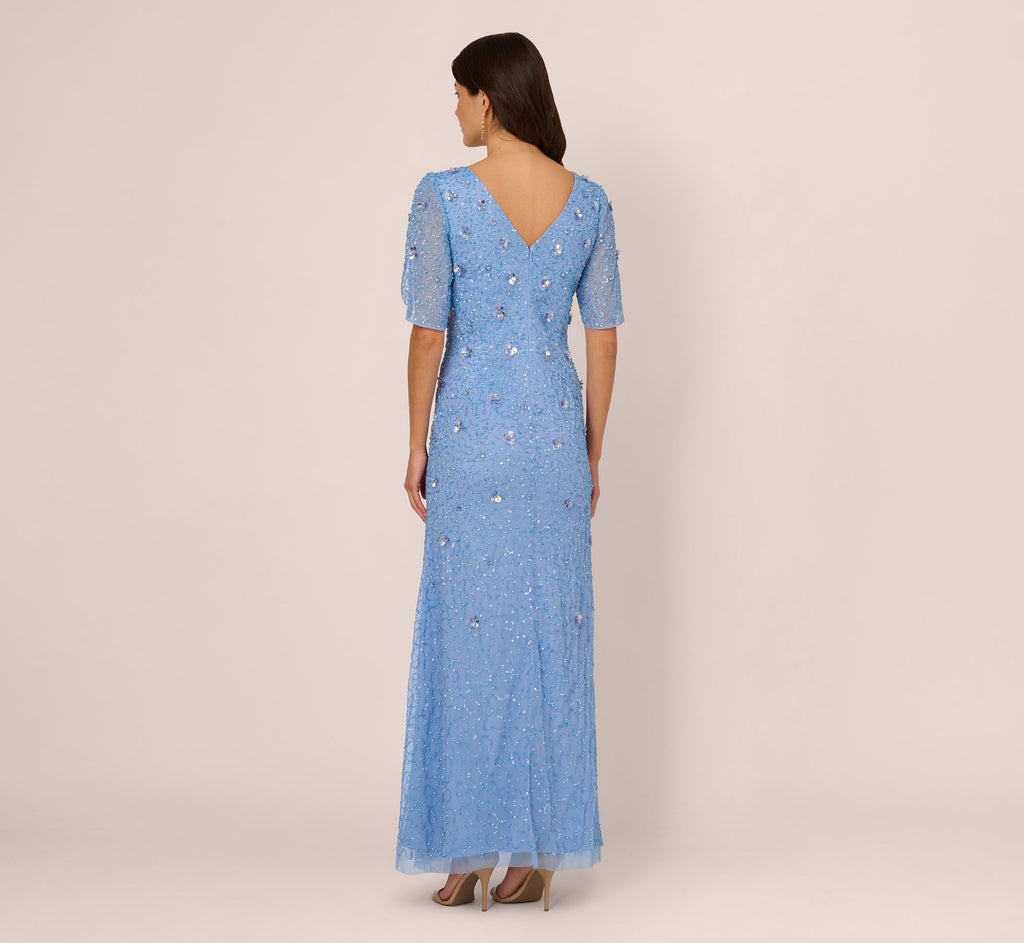V-Neck Floor-Length Mesh Formal Mermaid Gown 3D Floral Adrianna Papell AP1E212045