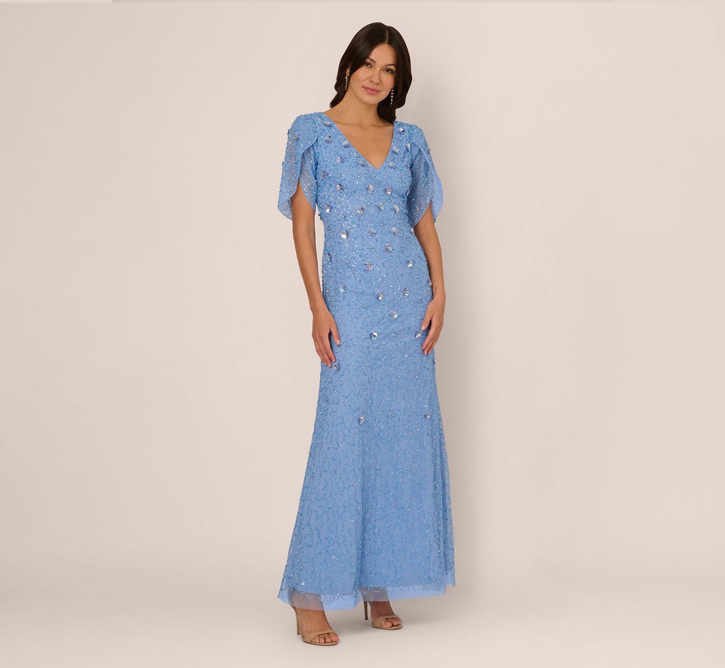 V-Neck Floor-Length Mesh Formal Mermaid Gown 3D Floral Adrianna Papell AP1E212045