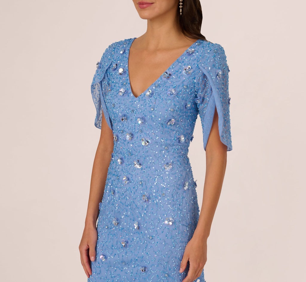 V-Neck Floor-Length Mesh Formal Mermaid Gown 3D Floral Adrianna Papell AP1E212045