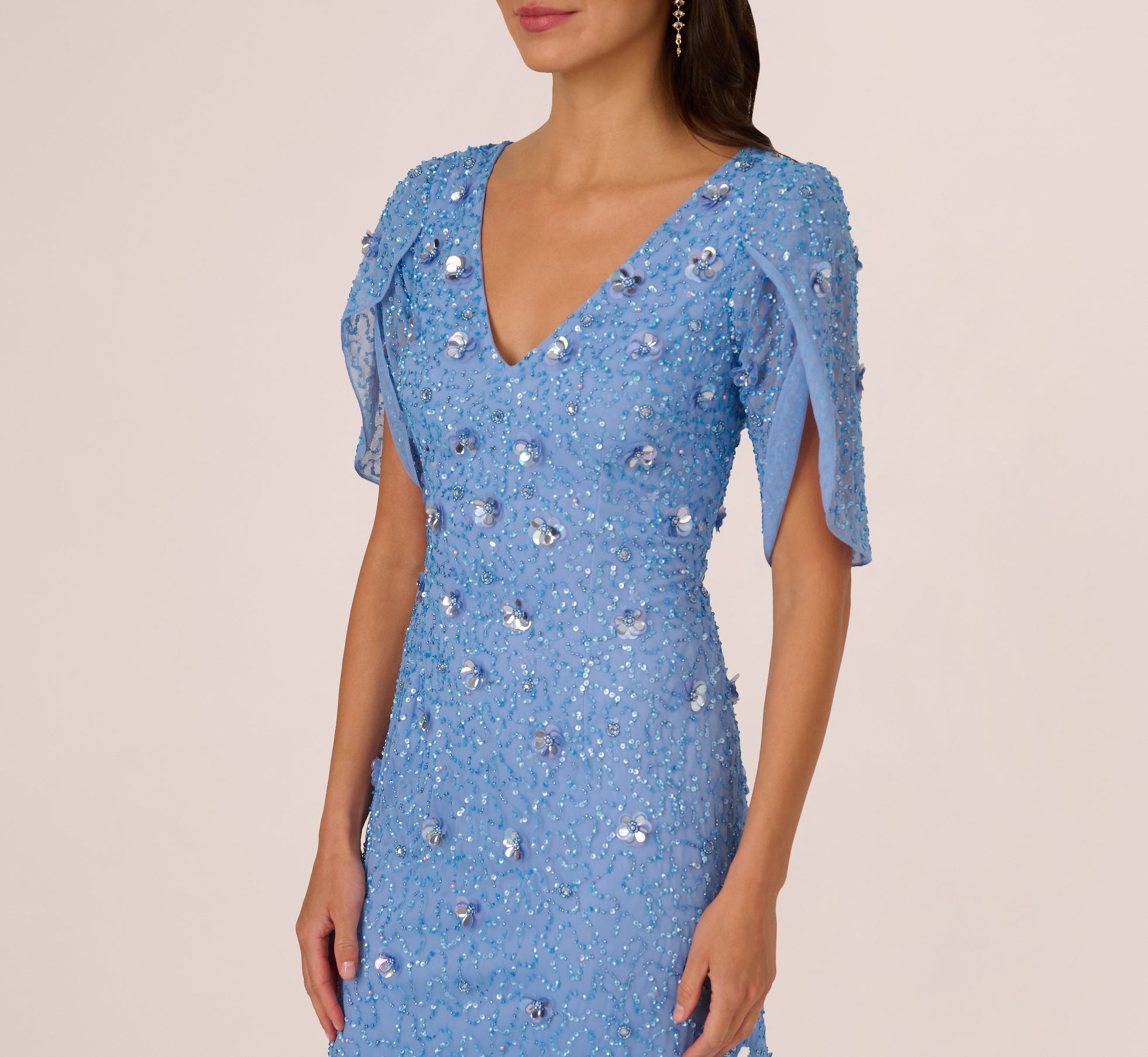 V-Neck Floor-Length Mesh Formal Mermaid Gown 3D Floral Adrianna Papell AP1E212045
