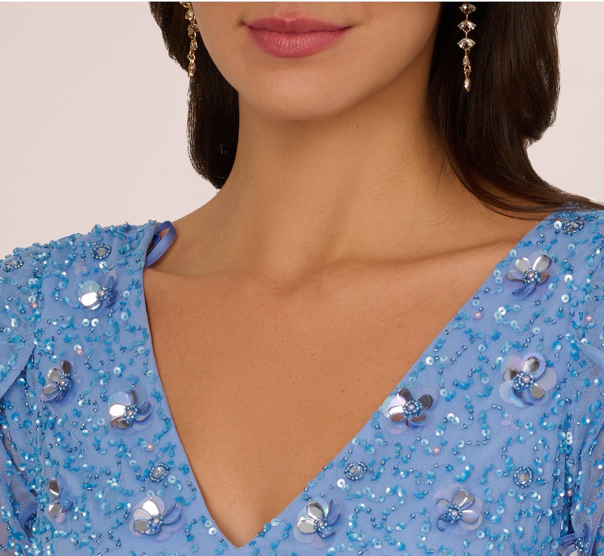 V-Neck Floor-Length Mesh Formal Mermaid Gown 3D Floral Adrianna Papell AP1E212045