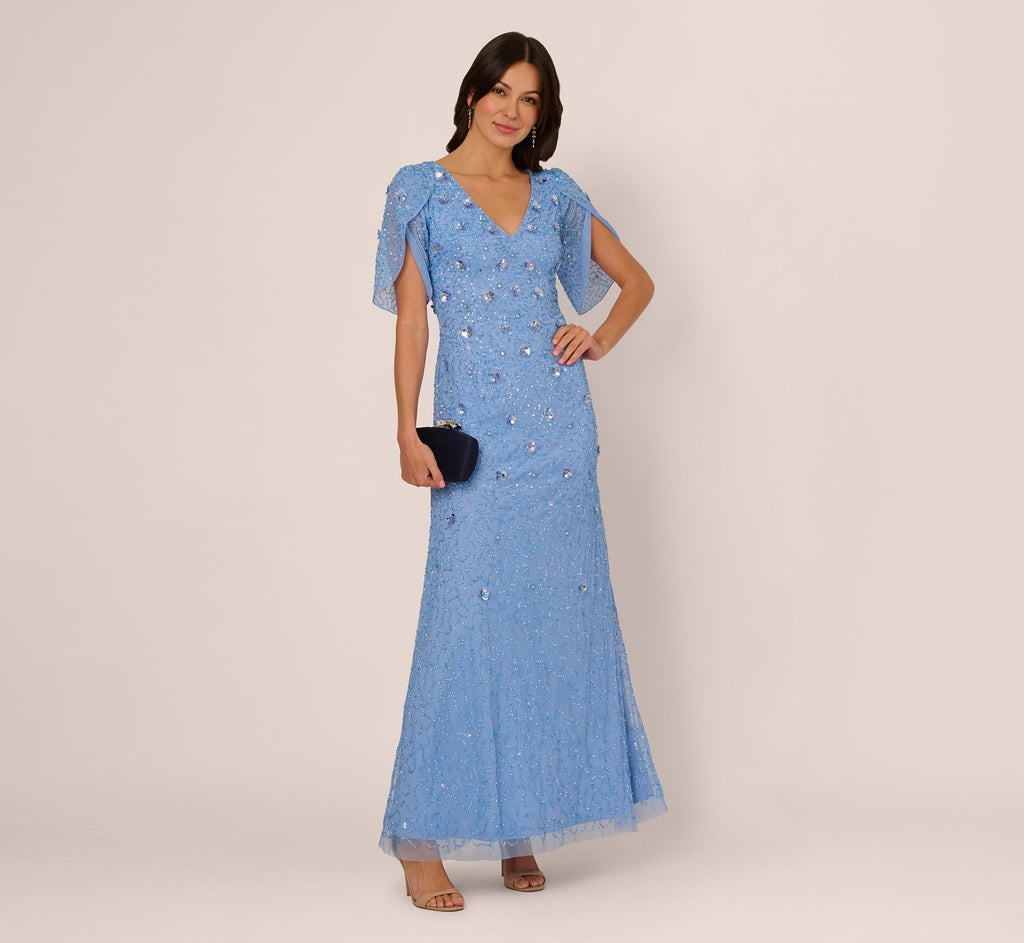 V-Neck Floor-Length Mesh Formal Mermaid Gown 3D Floral Adrianna Papell AP1E212045