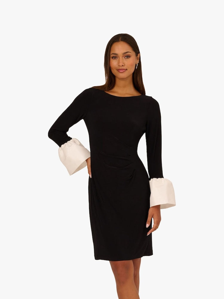 Bateau Knee-Length Crepe Cocktail Sheath Dress Contrast Cuff Sleeves Adrianna Papell AP1D106098