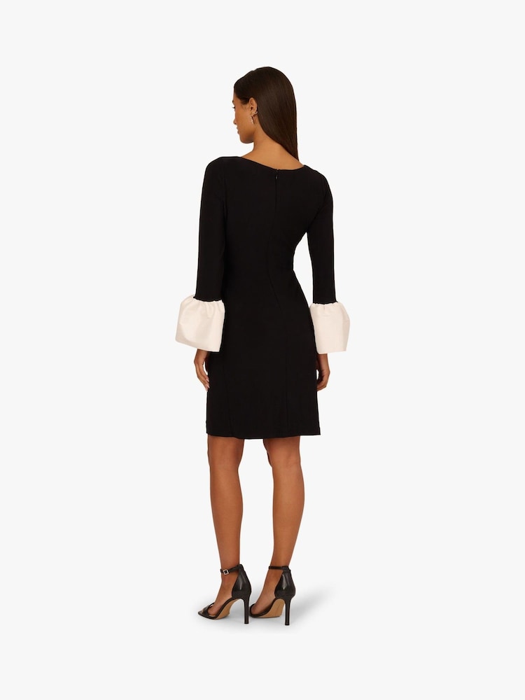 Bateau Knee-Length Crepe Cocktail Sheath Dress Contrast Cuff Sleeves Adrianna Papell AP1D106098