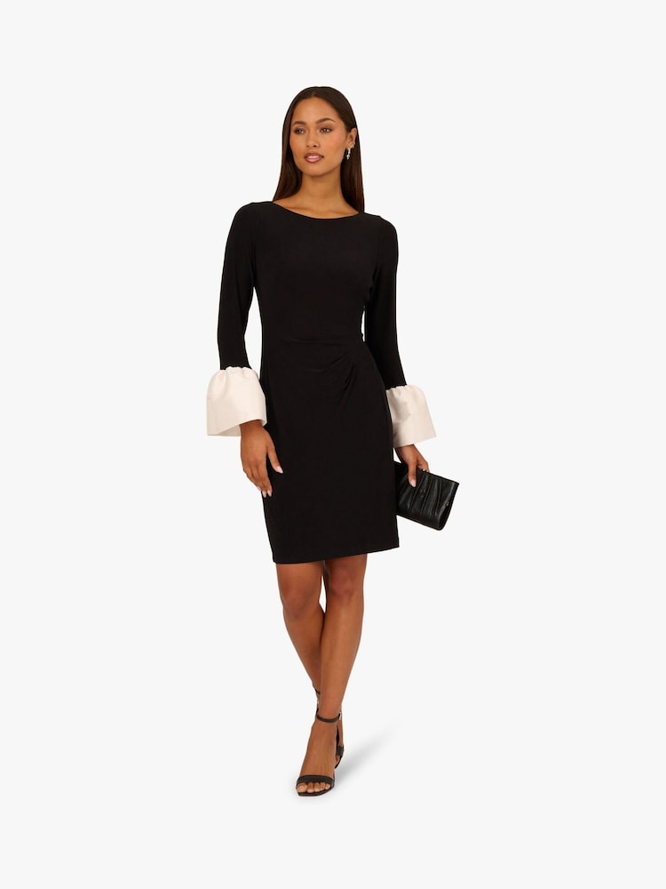 Bateau Knee-Length Crepe Cocktail Sheath Dress Contrast Cuff Sleeves Adrianna Papell AP1D106098